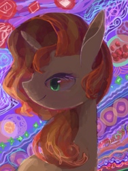 Size: 882x1173 | Tagged: safe, artist:laurasrxfgcc, sunset shimmer, pony, unicorn, g4, abstract background, bust, female, lidded eyes, mare, profile, smiling, solo