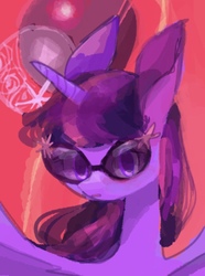 Size: 818x1100 | Tagged: safe, artist:laurasrxfgcc, twilight sparkle, alicorn, pony, g4, abstract background, female, glasses, looking at you, mare, solo, sunglasses, twilight sparkle (alicorn)