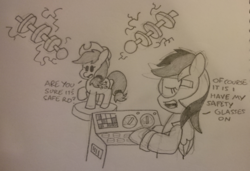 Size: 2768x1892 | Tagged: safe, artist:threetwotwo32232, applejack, rainbow dash, g4, clothes, lab coat, monochrome, newbie artist training grounds, pencil drawing, safety goggles, science, text, traditional art