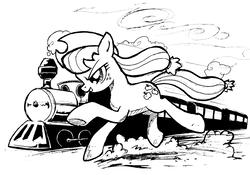 Size: 900x629 | Tagged: safe, artist:yewdee, applejack, earth pony, pony, g4, atg 2017, black and white, female, grayscale, mare, monochrome, newbie artist training grounds, running, solo, train