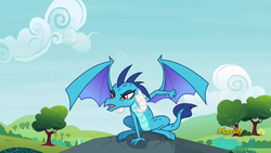 Size: 1920x1080 | Tagged: safe, screencap, princess ember, dragon, g4, triple threat, landing, proud, superhero landing