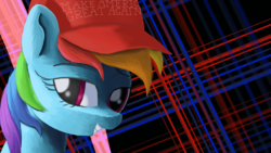 Size: 1920x1080 | Tagged: safe, artist:vultraz, rainbow dash, pony, g4, /pone/, bust, dreamworks face, female, make america great again, mouthpiece, portrait, solo