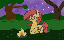 Size: 1600x1000 | Tagged: safe, artist:aletheiasan, oc, oc only, oc:pan pare, earth pony, pony, atg 2017, bonfire, fire, forest, newbie artist training grounds, night, solo