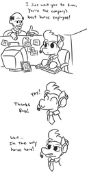 Size: 510x1005 | Tagged: safe, artist:jargon scott, oc, oc only, oc:horsey husband, oc:human wifey, earth pony, human, pony, black and white, boss, comic, cubicle, dialogue, grayscale, headphones, headset, keyboard, monochrome, necktie, realization, simple background, white background