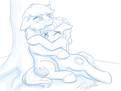 Size: 1024x768 | Tagged: safe, artist:novaintellus, bright mac, pear butter, earth pony, pony, g4, atg 2017, crying, duo, female, floppy ears, hug, male, mare, monochrome, newbie artist training grounds, ship:brightbutter, shipping, stallion, straight, tree