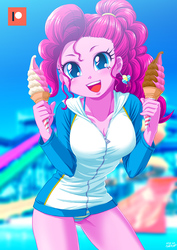 Size: 707x1000 | Tagged: safe, artist:uotapo, pinkie pie, human, equestria girls, g4, bikini, breasts, cleavage, clothes, cute, diapinkes, ear piercing, earring, female, food, ice cream, ice cream cone, jewelry, looking at you, patreon, patreon logo, piercing, smiling, soft serve, solo, swimsuit, underass, water park