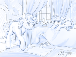 Size: 1024x768 | Tagged: safe, artist:novaintellus, shining armor, smarty pants, twilight sparkle, pony, unicorn, g4, atg 2017, bedroom, brother and sister, duo, female, male, monochrome, newbie artist training grounds, sibling bonding, siblings, sketch, younger