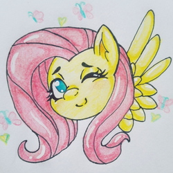 Size: 1576x1576 | Tagged: safe, artist:evyxhearts, fluttershy, butterfly, pony, g4, bust, female, looking at you, no pupils, one eye closed, portrait, smiling, solo, traditional art, wings, wink