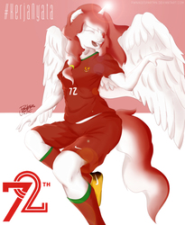 Size: 2300x2800 | Tagged: safe, artist:pwnagespartan, oc, oc only, oc:indonisty, alicorn, anthro, female, football, football jersey, high res, indonesia, indonesian independence day, one eye closed, smiling, solo