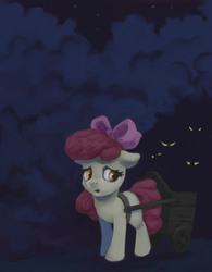 Size: 1172x1500 | Tagged: safe, artist:egn, apple bloom, pony, g4, atg 2017, darkness, equestria daily exclusive, female, filly, forest, glowing eyes, newbie artist training grounds, scared, solo, wagon