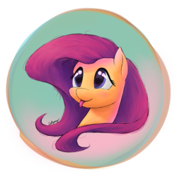 Size: 800x800 | Tagged: safe, artist:lollipony, fluttershy, pegasus, pony, g4, blushing, bust, button, cute, female, looking away, looking up, mare, portrait, shyabetes, silly, silly pony, smiling, solo, tongue out