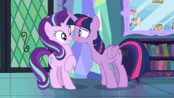 Size: 960x540 | Tagged: safe, color edit, edit, screencap, applejack, fluttershy, pinkie pie, rainbow dash, rarity, starlight glimmer, twilight sparkle, alicorn, pony, unicorn, fame and misfortune, g4, animated, book, bookshelf, boop, color cycling, colored, female, gif, looking at each other, looking away, loop, magic, mirror, noseboop, raised hoof, twilight sparkle (alicorn), twilight's castle