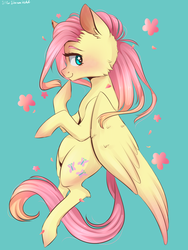 Size: 1200x1600 | Tagged: safe, artist:silbersternenlicht, fluttershy, pegasus, pony, g4, belly, blushing, cute, female, hoof on chin, looking at you, looking sideways, mare, profile, shyabetes, smiling, solo, wings