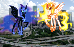 Size: 2500x1613 | Tagged: safe, artist:drakizora, artist:theotterpony, daybreaker, nightmare moon, pony, g4, city, giantess, highrise ponies, houston, irl, macro, photo, ponies in real life, story included, texas, this will end in pain, xk-class end-of-the-world scenario