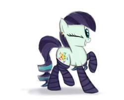 Size: 1008x809 | Tagged: safe, artist:heartlyrosalie, coloratura, earth pony, pony, g4, atg 2017, clothes, ear piercing, earring, female, jewelry, mare, newbie artist training grounds, one eye closed, piercing, simple background, socks, solo, striped socks, white background, wink