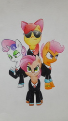 Size: 2322x4128 | Tagged: safe, artist:mustachedbain, apple bloom, babs seed, scootaloo, sweetie belle, earth pony, pony, g4, atg 2017, clothes, cutie mark crusaders, female, filly, newbie artist training grounds, suit, sunglasses, traditional art