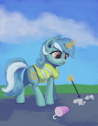 Size: 1172x1500 | Tagged: safe, artist:egn, lyra heartstrings, pony, unicorn, g4, atg 2017, community service, equestria daily exclusive, female, magic, newbie artist training grounds, safety vest, solo, telekinesis, trash