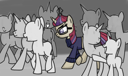 Size: 1237x731 | Tagged: safe, artist:heartlyrosalie, moondancer, pony, unicorn, g4, atg 2017, clothes, crowd, female, glasses, mare, newbie artist training grounds, silhouette, solo focus, sweater