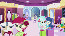 Size: 1278x718 | Tagged: safe, screencap, amethyst star, bon bon, cheerilee, derpy hooves, lyra heartstrings, rarity, roseluck, sophisticata, sparkler, sweetie drops, equestria girls, g4, life is a runway, my little pony equestria girls: rainbow rocks, boutique, clothes, food, mannequin, mirror, muffin, shoes, shopping, shopping bag