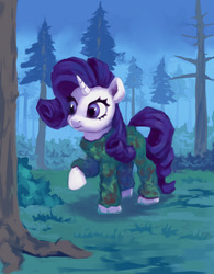 Size: 1172x1500 | Tagged: safe, artist:egn, rarity, pony, g4, atg 2017, camouflage, clothes, equestria daily exclusive, female, forest, newbie artist training grounds, raised hoof, solo, tree