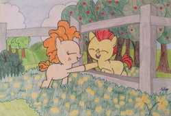 Size: 1024x693 | Tagged: safe, artist:iistarshineii, bright mac, pear butter, earth pony, pony, g4, the perfect pear, apple tree, atg 2017, baby, baby pony, duo, female, fence, foal, hoof hold, male, newbie artist training grounds, ship:brightbutter, shipping, straight, traditional art, tree, younger