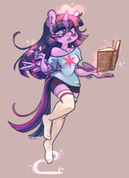 Size: 1084x1500 | Tagged: safe, artist:trgreta, twilight sparkle, alicorn, anthro, plantigrade anthro, g4, book, clothes, feet, magic, socks, twilight sparkle (alicorn)