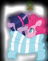 Size: 1024x1302 | Tagged: safe, artist:svetachan, pinkie pie, twilight sparkle, alicorn, pony, g4, blanket, female, forehead kiss, holly, holly mistaken for mistletoe, lesbian, ship:twinkie, shipping, twilight sparkle (alicorn)