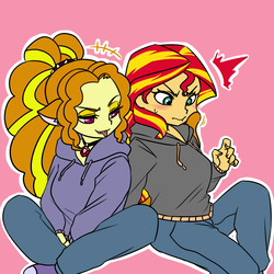 Size: 1000x1000 | Tagged: safe, artist:raika0306, adagio dazzle, sunset shimmer, equestria girls, g4, my little pony equestria girls: rainbow rocks, blushing, breasts, cat ears, cat tail, catgirl, clothes, duo, eared humanization, female, hoodie, lesbian, ship:sunsagio, shipping, simple background, smiling, sweater