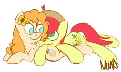 Size: 1562x922 | Tagged: safe, artist:nevaylin, bright mac, pear butter, earth pony, pony, g4, duo, female, floating heart, heart, love, lying down, male, mare, no pupils, ship:brightbutter, shipping, simple background, stallion, straight, white background