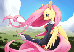 Size: 1736x1223 | Tagged: safe, artist:unousaya, fluttershy, pegasus, pony, g4, bipedal, bow, bowtie, clothes, cloud, dress, female, mare, outdoors, scenery, sky, solo, uniform ribbon, wind