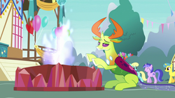 Size: 1280x720 | Tagged: safe, screencap, lemon hearts, sassaflash, sea swirl, seafoam, thorax, changedling, changeling, g4, triple threat, behaving like a moth, bugs doing bug things, ceremonial dragon fire flame of friendship, fire, king thorax, silly changeling