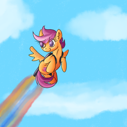 Size: 1000x1000 | Tagged: safe, artist:coco-drillo, scootaloo, pony, g4, atg 2017, female, filly, jetpack, newbie artist training grounds, scootaloo can fly, solo