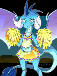 Size: 1200x1606 | Tagged: safe, artist:tyuubatu, princess ember, dragon, g4, cheerleader outfit, dragon lord ember, dragoness, female, pom pom, solo