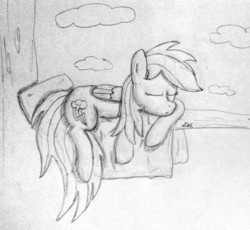 Size: 2116x1944 | Tagged: safe, artist:robony6, rainbow dash, pony, g4, atg 2017, female, monochrome, newbie artist training grounds, sleeping, solo, traditional art, tree, tree branch