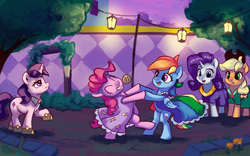 Size: 1500x938 | Tagged: safe, artist:egn, applejack, pinkie pie, rainbow dash, rarity, pony, g4, atg 2017, bipedal, clothes, dancing, dress, equestria daily exclusive, newbie artist training grounds, night, party