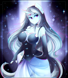 Size: 2005x2313 | Tagged: safe, artist:koveliana, oc, oc only, oc:solus, unicorn, anthro, anthro oc, breasts, chest fluff, chromatic aberration, clothes, commission, dress, evening gloves, female, fingerless elbow gloves, fingerless gloves, gloves, high res, long gloves, mare, smiling, solo, ych result