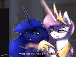 Size: 2000x1500 | Tagged: safe, artist:gasmaskfox, princess celestia, princess luna, alicorn, pony, g4, abuse, choking, crown, crying, female, floppy ears, house of cards, jewelry, lunabuse, mare, out of character, parody, pink-mane celestia, regalia, royal sisters, serious, serious face