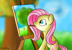 Size: 5000x3500 | Tagged: safe, artist:sunrise-shine-02, fluttershy, pony, g4, atg 2017, female, mouth hold, newbie artist training grounds, paintbrush, painting, plein air, solo, tree