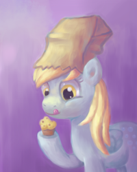 Size: 800x1000 | Tagged: safe, artist:yeyeyyy, derpy hooves, pegasus, pony, g4, atg 2017, female, food, hoof hold, mare, muffin, newbie artist training grounds, paper bag, solo, tongue out