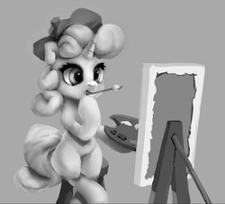 Size: 1012x916 | Tagged: safe, artist:egn, sweetie belle, pony, unicorn, g4, atg 2017, beret, cute, diasweetes, equestria daily exclusive, female, filly, grayscale, hat, monochrome, newbie artist training grounds, paintbrush, painting, palette, solo, thinking
