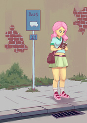 Size: 1061x1500 | Tagged: safe, artist:egn, fluttershy, human, g4, atg 2017, belt, bus stop, clothes, cute, equestria daily exclusive, female, humanized, legs, midriff, newbie artist training grounds, reading, shoes, short shirt, skirt, socks, solo