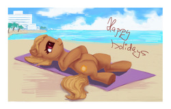 Size: 1500x953 | Tagged: safe, artist:egn, oc, oc only, pony, atg 2017, beach, equestria daily exclusive, happy holidays, lying down, newbie artist training grounds, on back, solo, sunbathing