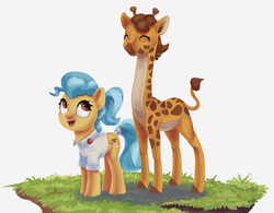 Size: 1500x1168 | Tagged: safe, artist:egn, clementine, doctor fauna, earth pony, giraffe, pony, g4, atg 2017, cute, duo, equestria daily exclusive, female, mare, newbie artist training grounds, simple background, smiling, white background