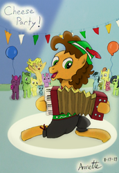 Size: 1024x1487 | Tagged: safe, artist:a-bright-idea, cheese sandwich, pony, g4, accordion, atg 2017, cheering, kneeling, musical instrument, newbie artist training grounds, party