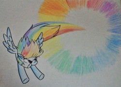 Size: 927x669 | Tagged: safe, artist:rozzertrask, rainbow dash, pony, g4, atg 2017, female, flying, newbie artist training grounds, solo, sonic rainboom, traditional art