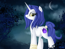 Size: 1000x750 | Tagged: safe, artist:lupulrafinat, oc, oc only, pony, unicorn, art trade, female, looking at you, mare, moon, night, tree