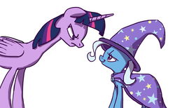Size: 1000x615 | Tagged: safe, artist:foudubulbe, trixie, twilight sparkle, alicorn, pony, unicorn, g4, cape, clothes, duo, female, glare, hat, lidded eyes, looking at each other, mare, simple background, size difference, smiling, smug, trixie's cape, trixie's hat, twilight sparkle (alicorn), unamused, white background