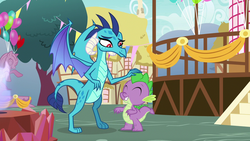 Size: 1280x720 | Tagged: safe, screencap, princess ember, spike, dragon, g4, triple threat, head pat, pat, shipping fuel, spikelove