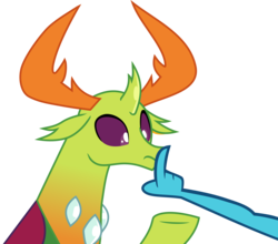 Size: 3633x3191 | Tagged: safe, artist:frownfactory, princess ember, thorax, changedling, changeling, dragon, g4, triple threat, .svg available, antlers, boop, high res, horn, king thorax, male, purple eyes, shhh, simple background, svg, transparent background, vector