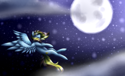 Size: 2700x1650 | Tagged: safe, artist:sketchthebluepegasus, oc, oc only, oc:thunder shine, pegasus, pony, female, flying, mare, moon, night, solo, stars